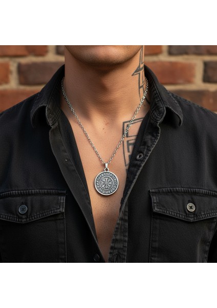 Vegvisir Viking Pusula Gümüş Kaplama Düz Zincir Kolye