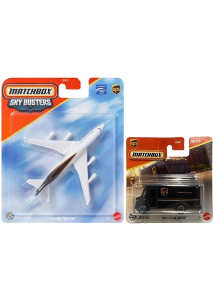 2 Araç Set - Matchbox Sky Busters Boeing 747-400 & Matchbox Express Delivery (1/64) Ups