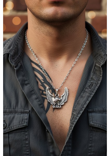 Koruyucu Kartal Gümüş Kaplama Düz Zincir Kolye