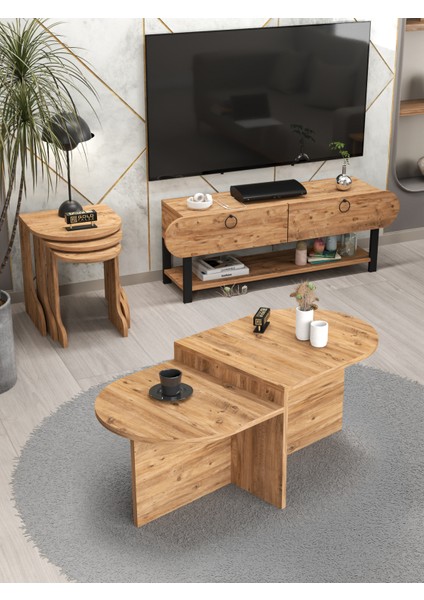 Tv Sehpası Ünitesi Tekli Orta Sehpa 3'Lü Zigon Sehpa Set Üç Ürün Atlantik Çam