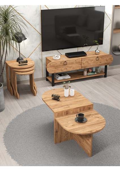 Tv Sehpası Ünitesi Tekli Orta Sehpa 3'Lü Zigon Sehpa Set Üç Ürün Atlantik Çam fırsatları