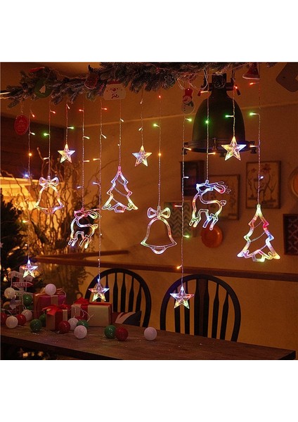 Renkli Yılbaşı Perde LED Işık Süsleme Yeni Yıl Çam Ağacı Geyik Çan Temalı Işık Zinciri Rgb modelleri
