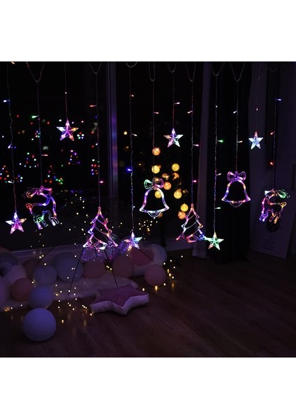 Renkli Yılbaşı Perde LED Işık Süsleme Yeni Yıl Çam Ağacı Geyik Çan Temalı Işık Zinciri Rgb fırsatları