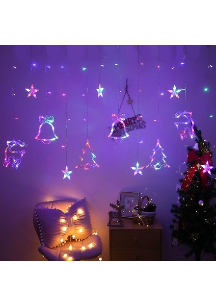 Renkli Yılbaşı Perde LED Işık Süsleme Yeni Yıl Çam Ağacı Geyik Çan Temalı Işık Zinciri Rgb