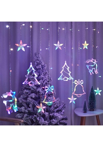 Renkli Yılbaşı Perde LED Işık Süsleme Yeni Yıl Çam Ağacı Geyik Çan Temalı Işık Zinciri Rgb