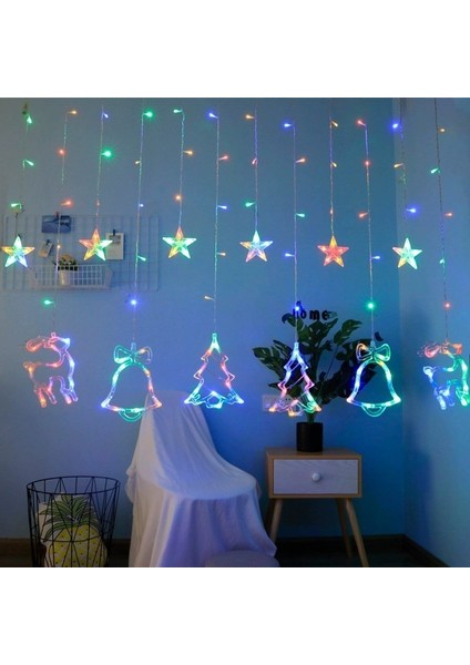 Renkli Yılbaşı Perde LED Işık Süsleme Yeni Yıl Çam Ağacı Geyik Çan Temalı Işık Zinciri Rgb