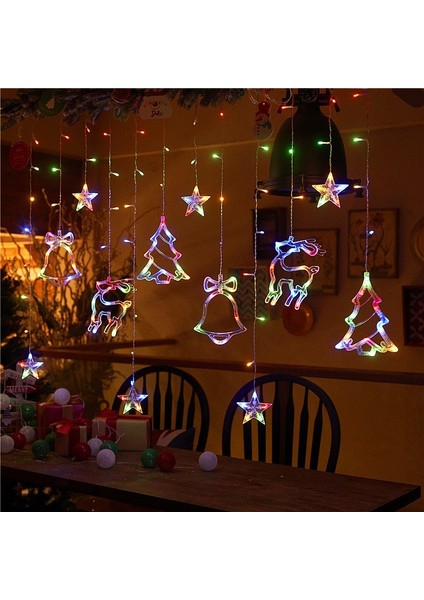 Renkli Yılbaşı Perde LED Işık Süsleme Yeni Yıl Çam Ağacı Geyik Çan Temalı Işık Zinciri Rgb