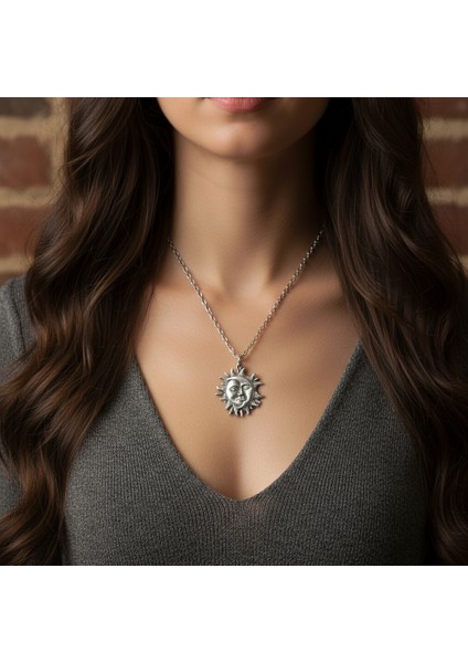 Güç Tılsımı - Güneş ve Ay Gümüş Kaplama Düz Zincir Kolye