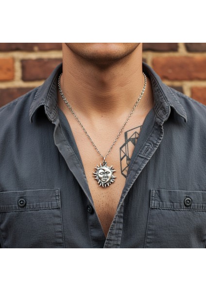 Güç Tılsımı - Güneş ve Ay Gümüş Kaplama Düz Zincir Kolye fiyatları