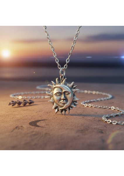 Güç Tılsımı - Güneş ve Ay Gümüş Kaplama Düz Zincir Kolye fırsatları