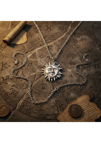 Güç Tılsımı - Güneş ve Ay Gümüş Kaplama Düz Zincir Kolye indirimleri