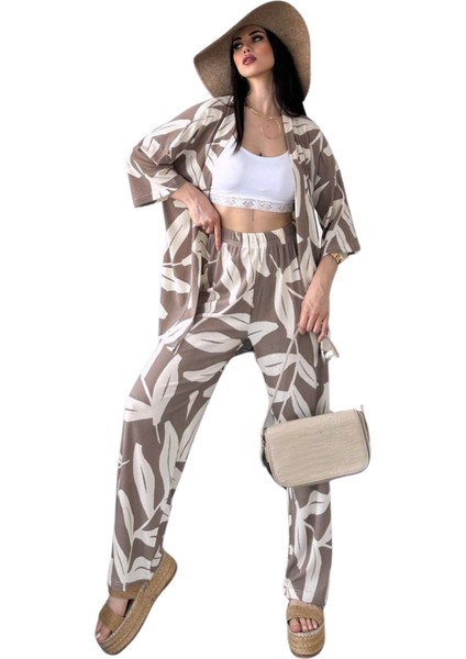 Alt Üst Takım Kimono- Desenli-Kahverengi