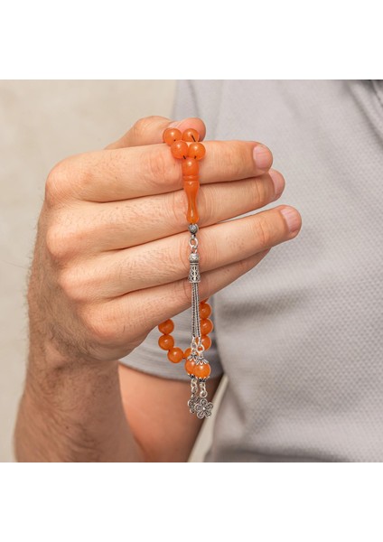 Hk Sıkma Kehribar Tesbih Gümüş Püsküllü Turuncu Yuvarlak |gümüş Takı Hediyelik Ürünler fiyatları