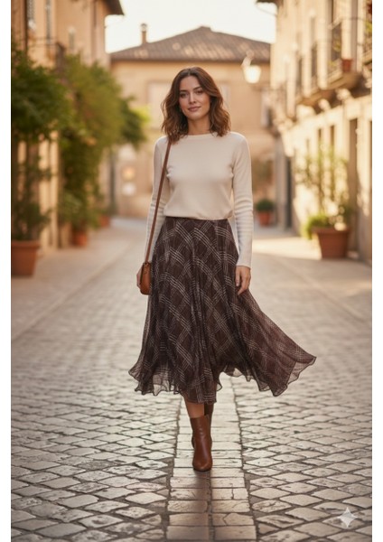 Ekose Desenli Asimetrik Midi Etek