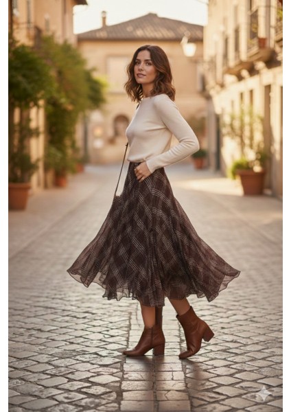 Ekose Desenli Asimetrik Midi Etek fiyatları