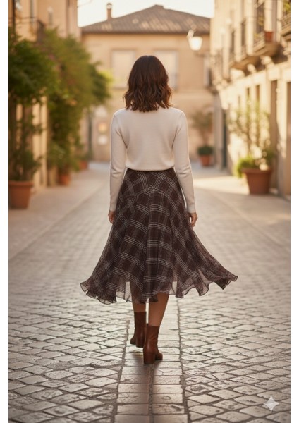 Ekose Desenli Asimetrik Midi Etek modelleri