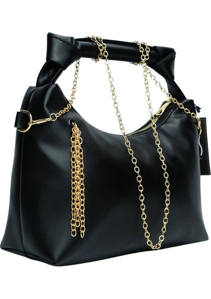 Zincir Askılı Deri Çanta-Siyah
