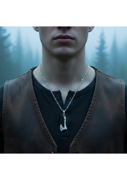 Güç Sembolü - Viking Balta Gümüş Kaplama Düz Zincir Kolye