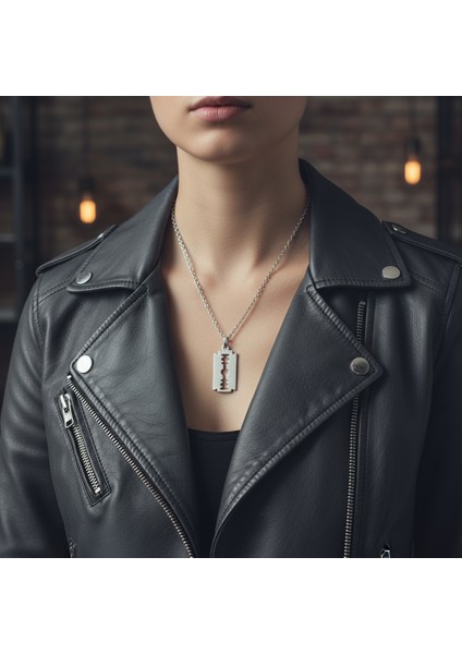 Punk - Jilet Gümüş Kaplama Düz Zincir Kolye