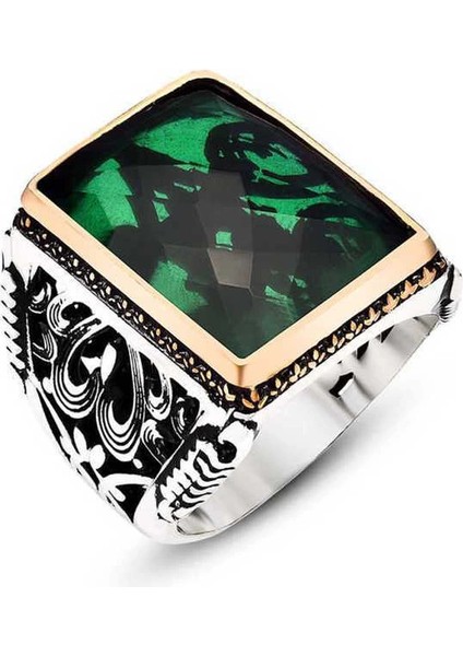 Gümüş Yeşil Zirkon Taşlı Erkek Yüzük