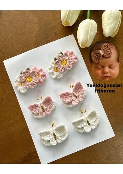 Yenidoğan Bebek Tokası El Emeği Pembe Karma 6'lı Klips Saçsız Bebek Toka Seti