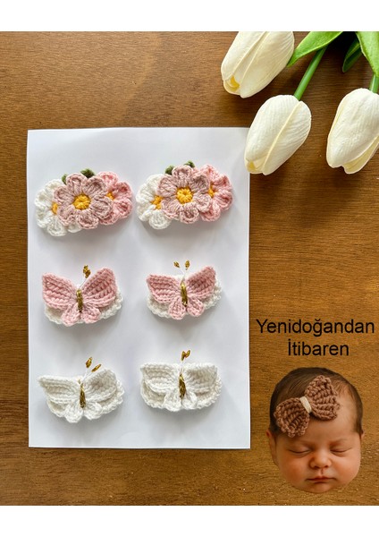 Yenidoğan Bebek Tokası El Emeği Pembe Karma 6'lı Klips Saçsız Bebek Toka Seti fiyatları