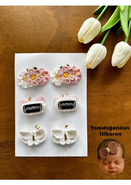 Yenidoğan Bebek Tokası El Emeği Pembe Karma 6'lı Klips Saçsız Bebek Toka Seti modelleri
