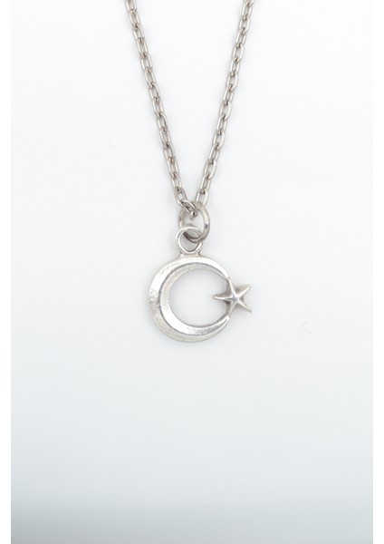 Minimal Ay Yıldız Gümüş Kaplama Düz Zincir Kolye