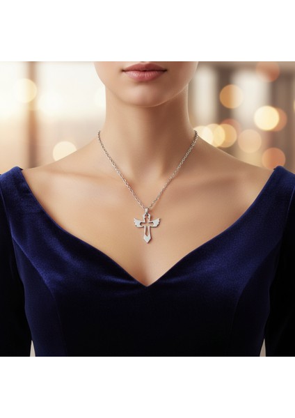 Kanatlı Haç Gümüş Kaplama Düz Zincir Kolye