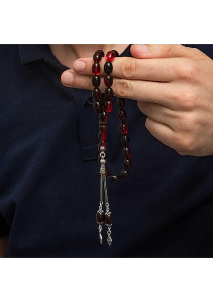 Hk Sıkma Kehribar Tesbih Gümüş Püsküllü Kırmızı Siyah Ateş |gümüş Takı Hediyelik Ürünler