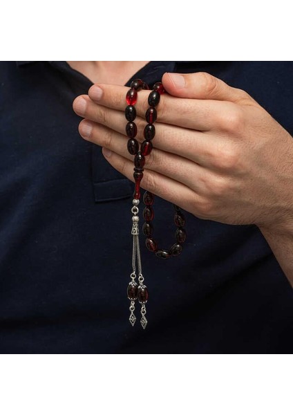 Hk Sıkma Kehribar Tesbih Gümüş Püsküllü Kırmızı Siyah Ateş |gümüş Takı Hediyelik Ürünler modelleri