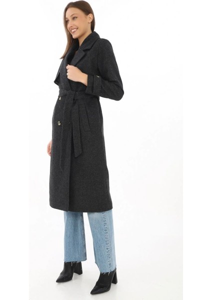 Premium Kaşe Kaban Uzun Boy, Balık Sırtı Yünlü Kaşmir Dokuma, Kruvaze Kuşaklı Astarlı - Siyah fiyatları