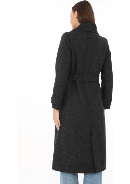 Premium Kaşe Kaban Uzun Boy, Balık Sırtı Yünlü Kaşmir Dokuma, Kruvaze Kuşaklı Astarlı - Siyah fırsatları