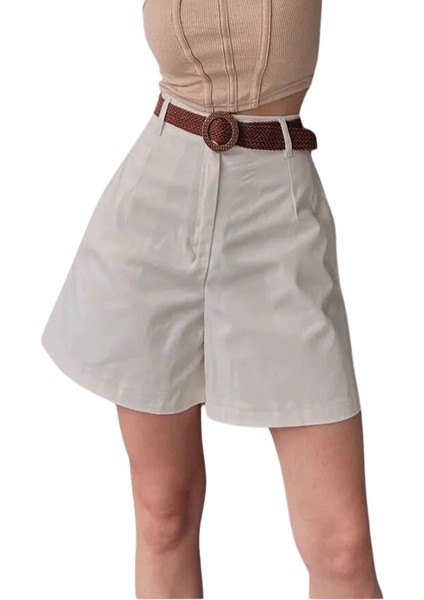 Rahat Kesim Kemerli Mom Şort -Krem fiyatları