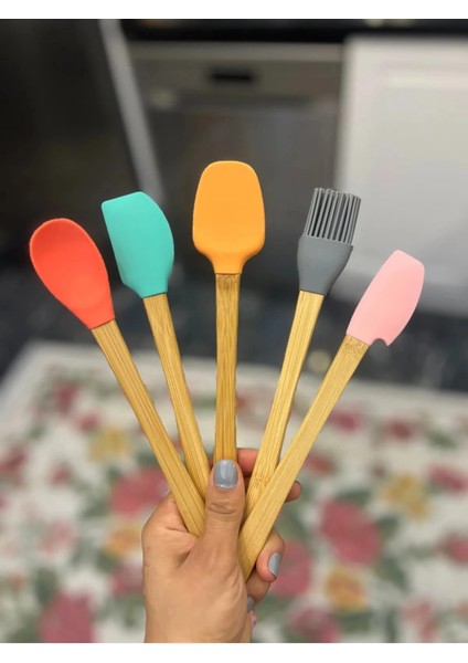 5&amp;#39;li Renkli Ahşap Saplı Silikon Uçlu Spatula Fırçalı Kaşık Seti -Yemek Hazırlık Seti 21 cm fiyatları