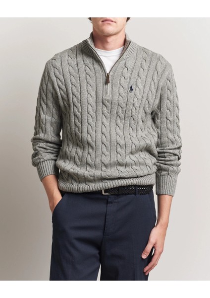 Erkek Örgü Dokulu Gri Yarım Fermuar Triko Kazak