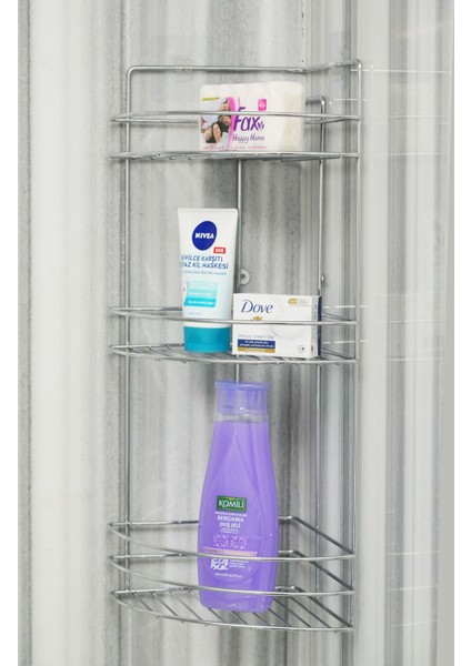 Gri Paslanmaz Krom 3 Katlı Yapışkanlı Banyo Köşeliği, Şampuanlık Raf
