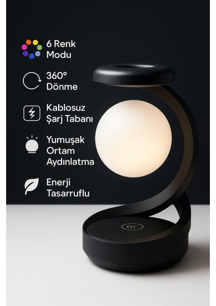 Kablosuz Şarjlı Dönen Gece Lambası Dokunmatik Kontrollü Masa Lambası 6 Renk Rgb Işık