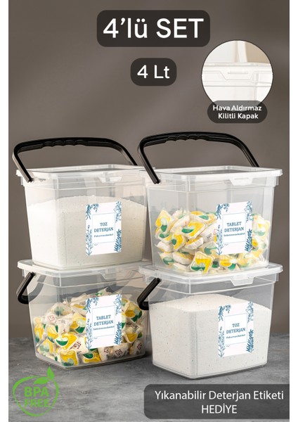 Şeffaf 4'lü Yıkanabilir Etiketli Toz Deterjan Saklama Kabı