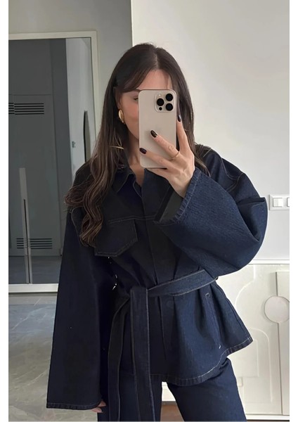 Kadın Bağlamalı Lacivert Denim Ceket