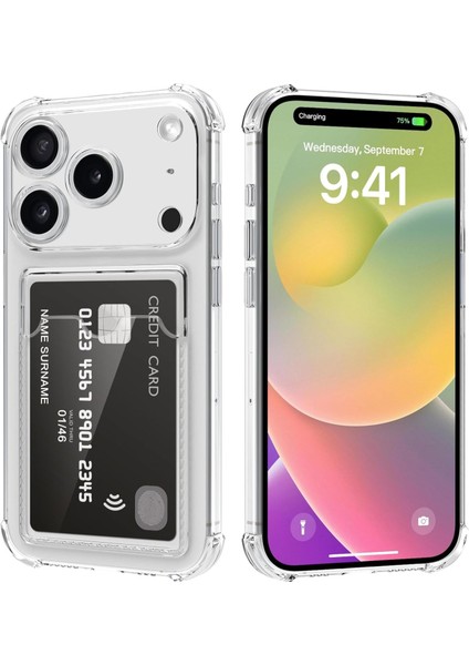 Caseworld Apple iPhone 17 Promax Kapak ile Uyumlu Kamera Korumalı Kartlıklı Darbe Emici Özellikli Şeffaf Silikon Kılıf