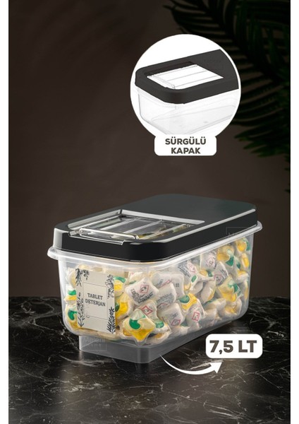 7,5 L Kapaklı Deterjan Saklama Kabı, Antrasit, Etiketli, Kayar Kapak, Pratik Kullanım