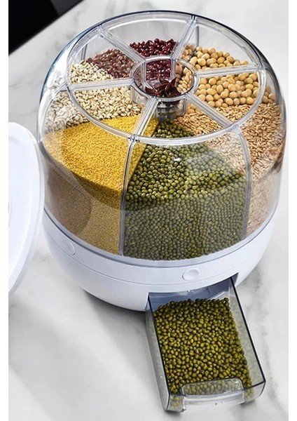 360° Dönebilen Kuru Gıda ve Bakliyat Organizeri 6 Bölmeli Hava Geçirmez Saklama Kabı 6 Lt