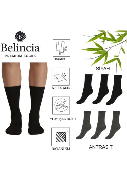 Bambu Erkek Soket Uzun Düz Siyah ve Antrasit Çorap Dikişsiz 6'lı Paket (3 Siyah - 3 Antrasit)
