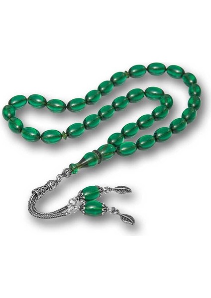 Hk Sıkma Kehribar Tesbih Gümüş Püsküllü Yeşil Ateş|gümüş Takı Hediyelik Ürünler