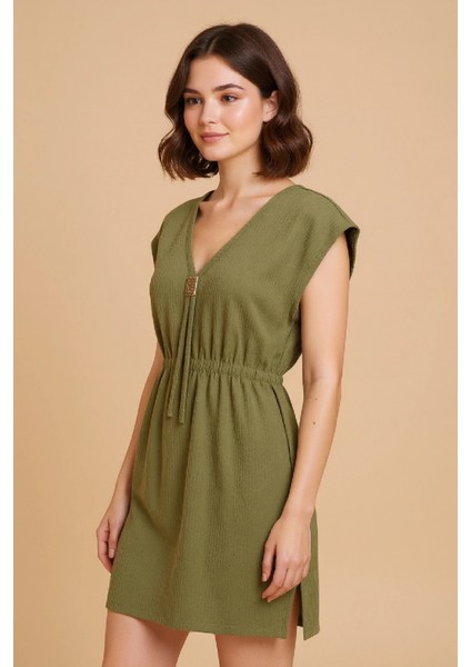 - Kadın Haki Yanları Yırtmaçlı Tokalı V Yaka Mini Plaj Elbisesi fiyatları