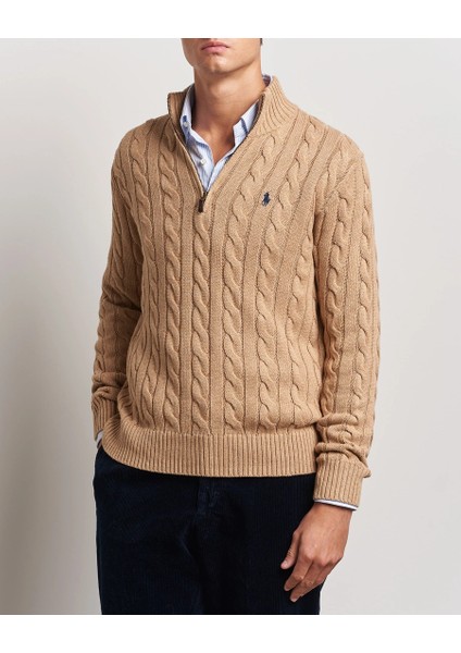 Erkek Örgü Dokulu Kahverengi Yarım Fermuar Triko Kazak