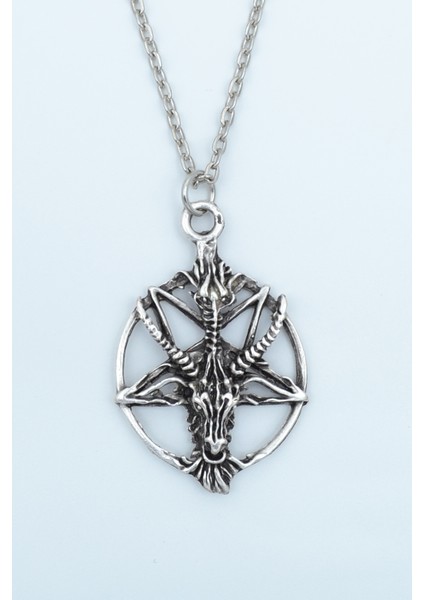 Pentagram Yıldızı Keçi Kafası Gümüş Kaplama Düz Zincir Kolye