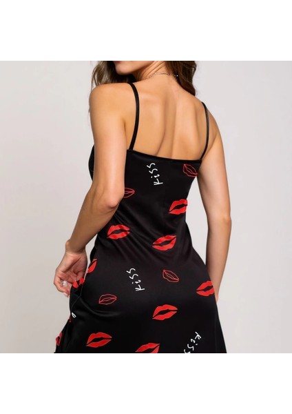 Dudak Desenli Siyah Askılı Gecelik Siyah