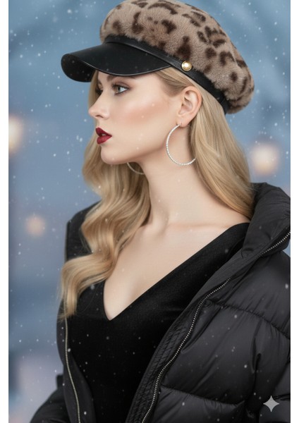 Leopar Dokulu Faux Fur Baker Boy Kadın Şapkası